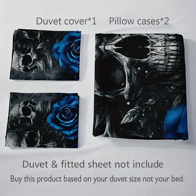 Fashion Blue Rose Skull Print Duvet Cover Soft Comfortable Bedding Set For Bedroom (1*Duvet Cover+2*Pillowcase) For Halloween