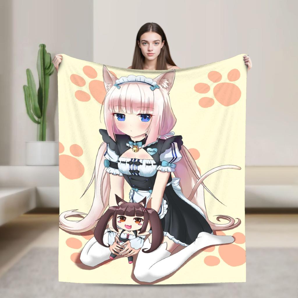 Kawaii Nekopara Anime Catgirls Blankets Fleece  Super Warm Throw Blankets for Outdoor Travel Bedroom Quilt