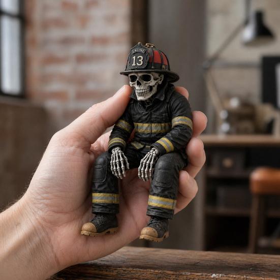 Firefighter Ornament Skeleton Shelf Sitter Statue, Vintage Resin Figurine with Realistic Gear & Distressed Sitting Posture Finish, Dark Industrial