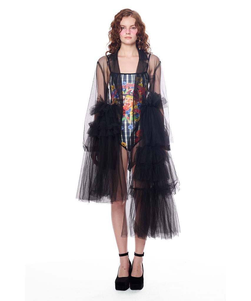 Greedius Sheer Ruffle Shawl Dress