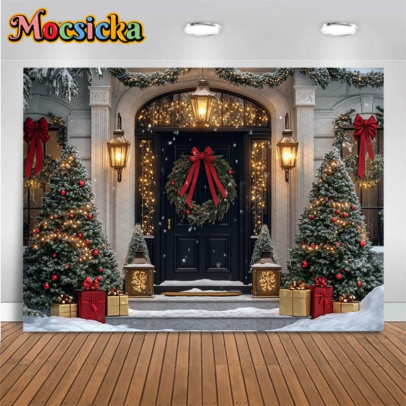 Mocsicka New Year Party Backgrounds Christmas Tree Winter Snowflake Black Door Decorations Family Festival Photography Backdrops