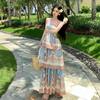 Bohemian Hollow Out Spaghetti-Strap Tiered Maxi Dress for Women Summer Sleeveless Backless Tie Up Slim Printed Beach Dress
