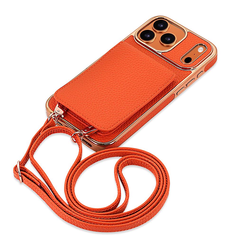 Crossbody Litchi Pattern Card Bag Hanging Rope Phone Case for iPhone 17 Pro Max 16 Plus 15 14 13 Long Lanyard Kickstand Cover