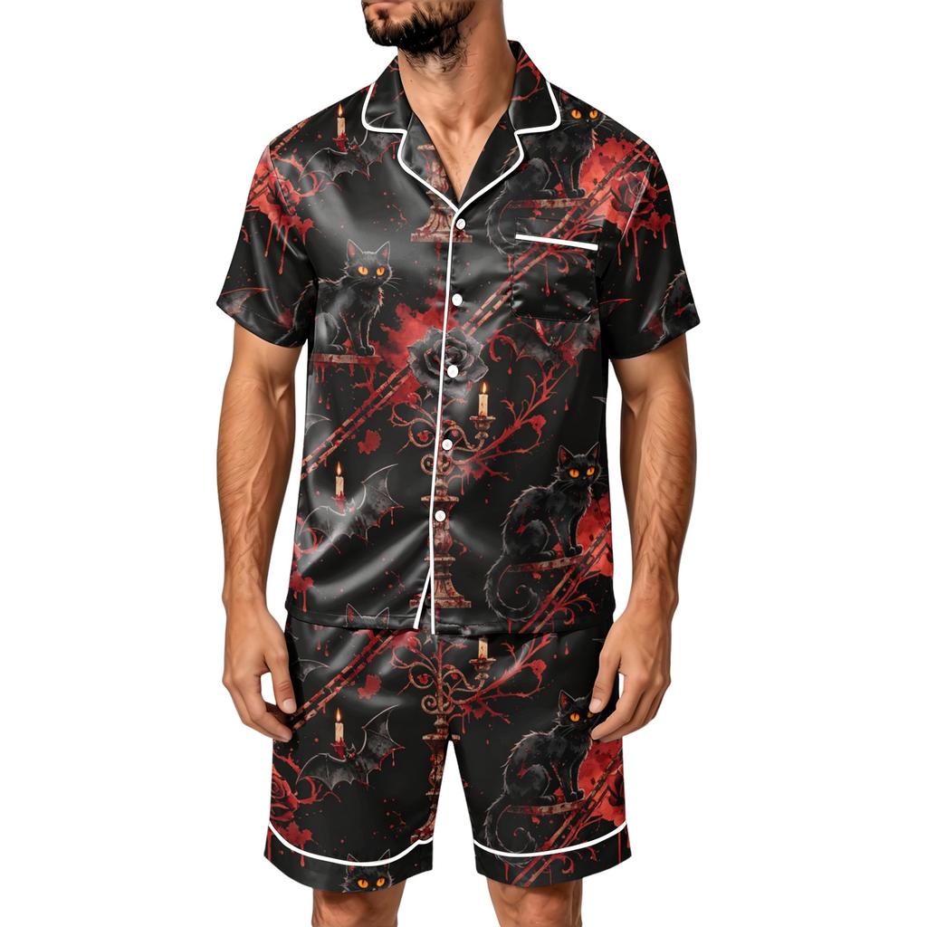 Herren Halloween Pyjama Set - Gestreiftes Karomuster aus Satin, Kurzarmhemd und Shorts mit Taschen, Lockeres Zweiteiler Set für Zuhause und Tägliche Kleidung