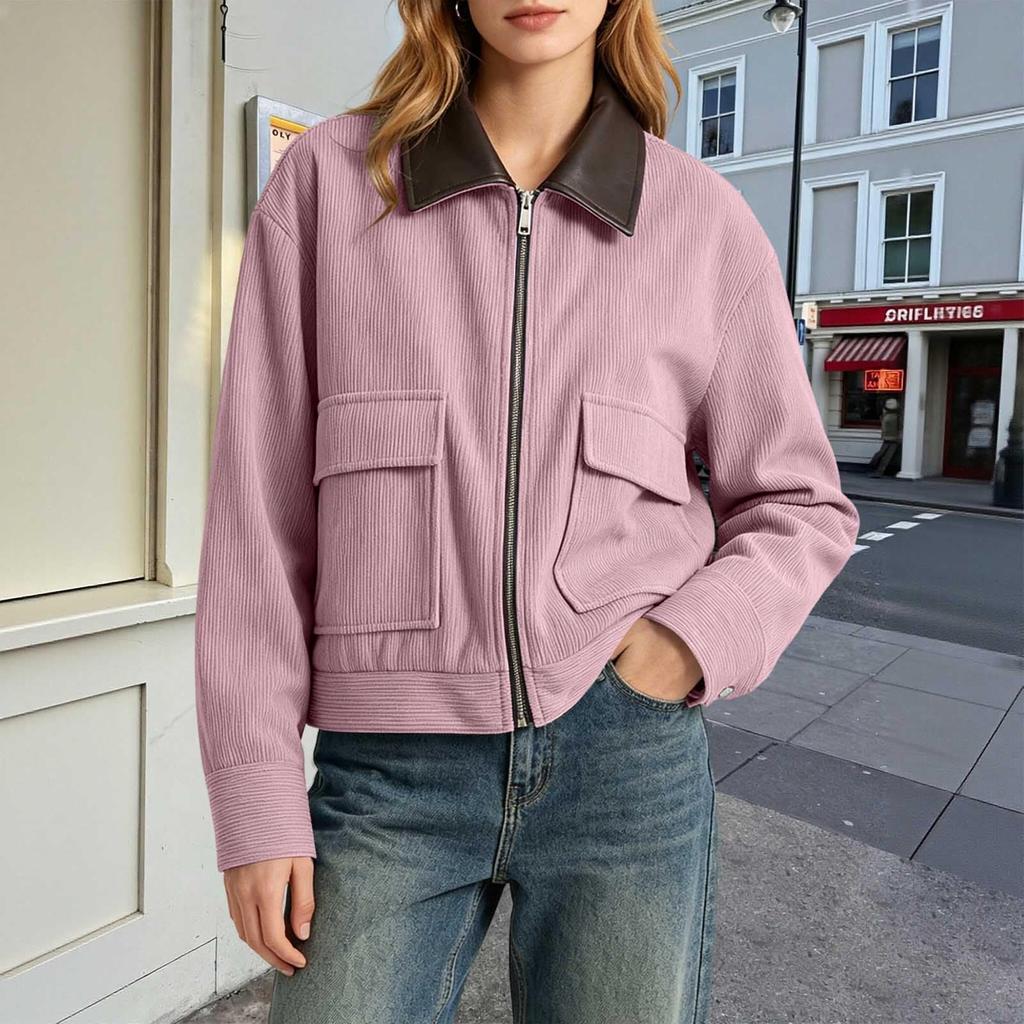 Women Corduroy Jacket with Faux Leather Collar Full Zip Front Long Sleeve Casual Outerwear with Front Flap Pockets