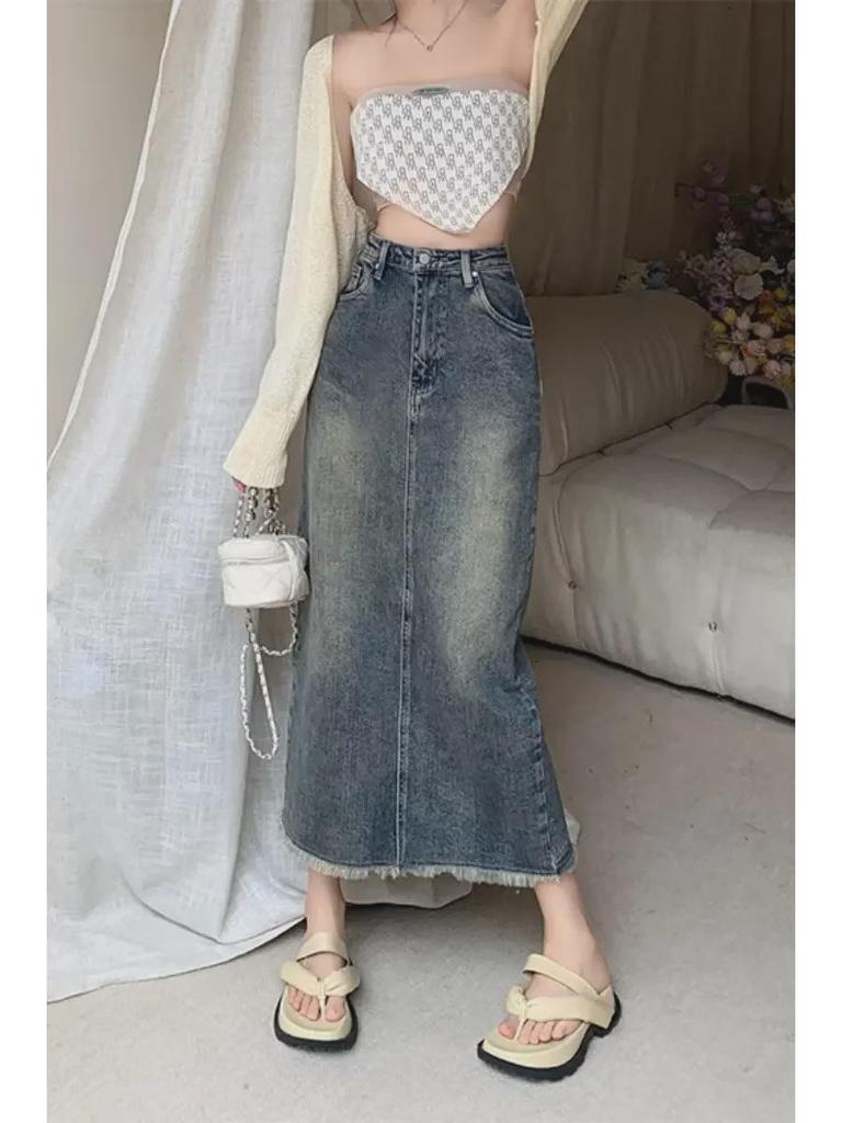 Women's Elastic Denim Retro Slit Skirt - High Waist, Slim, Straight, Medium Length, Autumn Style