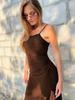 2026 European & American Style Spaghetti Strap Bodycon Dress - Waist-Cinched, Long Skirt with Sexy Slit In Solid Color.