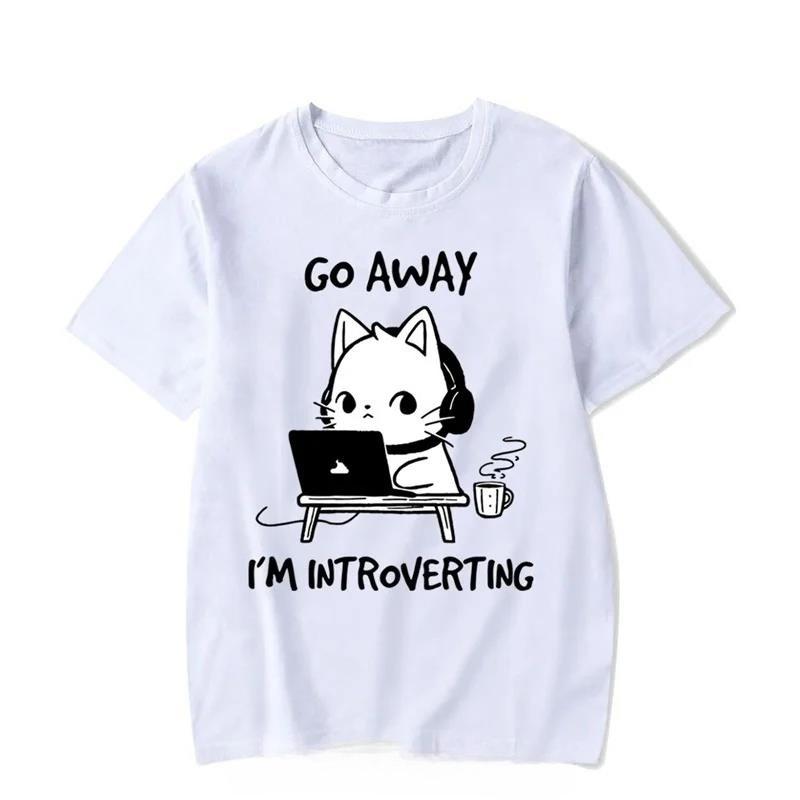 Уходи, я интроверт Графические футболки Забавный кот Геймер Игровая футболка Топы Мода Харадзюку Футболки Унисекс С круглым вырезом Брендовая футболка 2XL