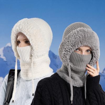 Womens Winter Cycling Mask Integrated Hat Scarf Set Fleece Lined Knitted Beanie Windproof Neck Gaiter for Cycling Skiing