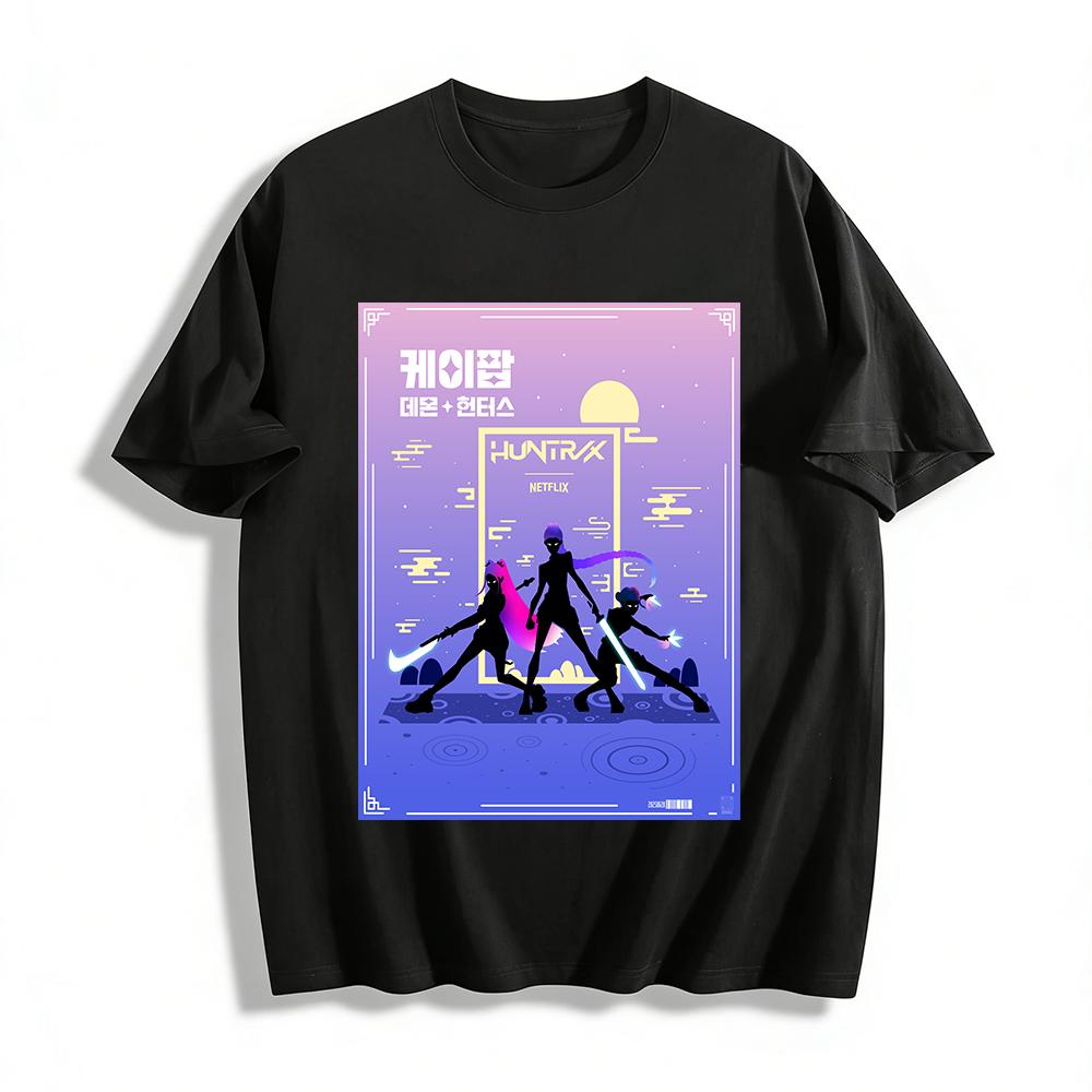 

Netflix Huntrix Demon Hunters Cyberpunk Style Printed T-shirt Anime Peripheral Casual Top Pure cotton T-shirt 6XL
