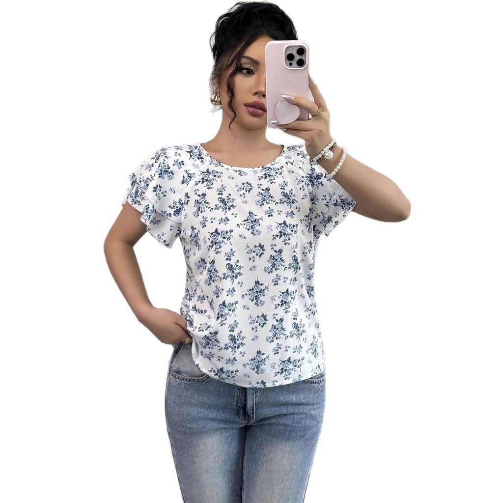 European and American new round neck short-sleeved printed women's top