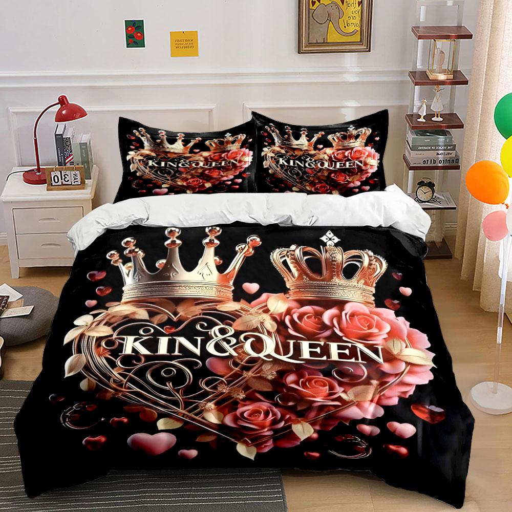 King Queen Crown Heart Bedding Set 3PCS Luxury Golden Rose Print Duvet Cover Pillowcases Romantic Bed Linen for Couple Bedroom