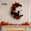 Indoor Dark Theme Soft Furnishings Halloween Black Cat Moon Wreath, Gothic Crescent Grapevine Wreath with Style Holiday Home Accents Rose Flowers,