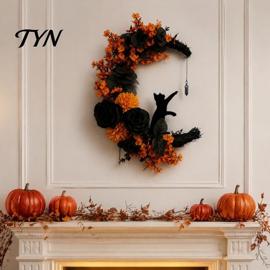 Indoor Dark Theme Soft Furnishings Halloween Black Cat Moon Wreath, Gothic Crescent Grapevine Wreath with Style Holiday Home Accents Rose Flowers,