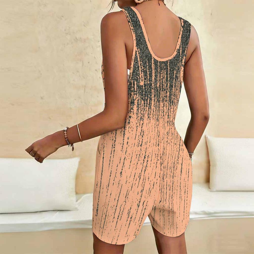 Women Plus Size Sleeveless Scoop Neck Printed Blue Pink Loose Fit Romper Shorts With Pockets
