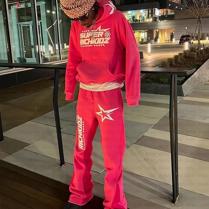 Star letter 3D printed hooded sweater men's and women's European and American hip-hop sweatshirt loose coat set