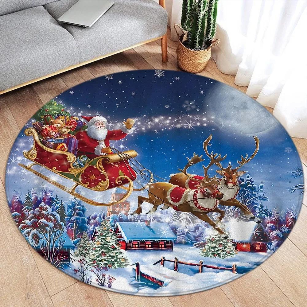 Christmas Red Socks Round Carpet Christmas Tree Elk Snowman Round Carpet Bedroom Carpet Home Floor Mat Washable Leisure Carpet