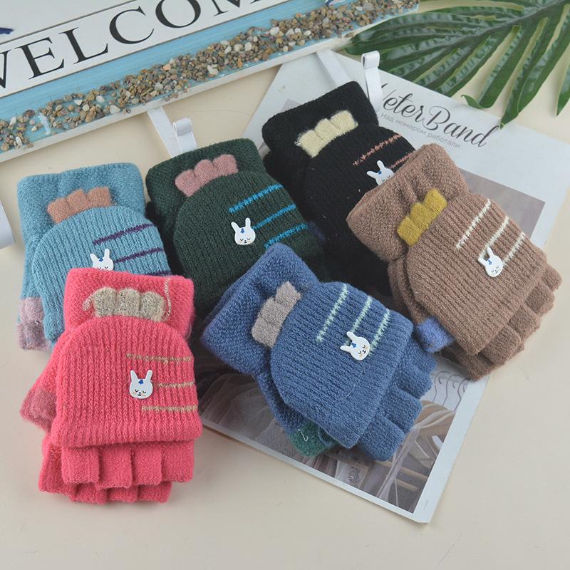

Новые детские варежки с открытыми пальцами для детей старшего возраста, зимние студенческие вязаные термоперчатки для письма, мультяшные милые перчатки average size