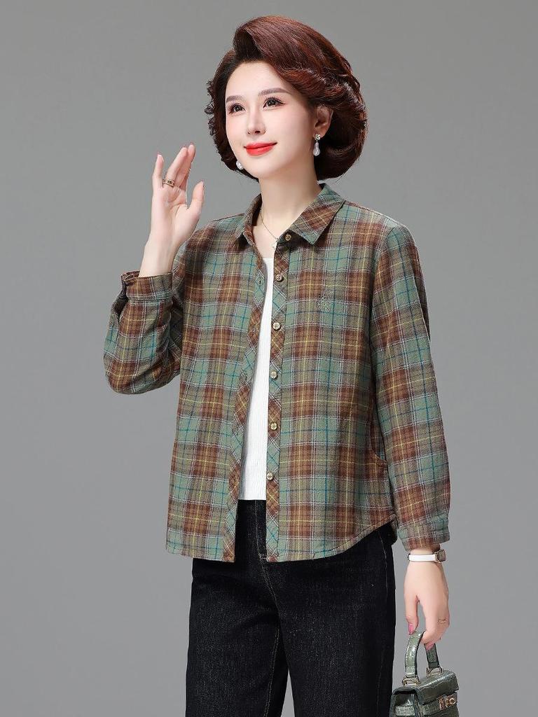 Genuine Autumn Long Sleeve Plaid Cotton Shirt for Middle-Aged & Elderly Women