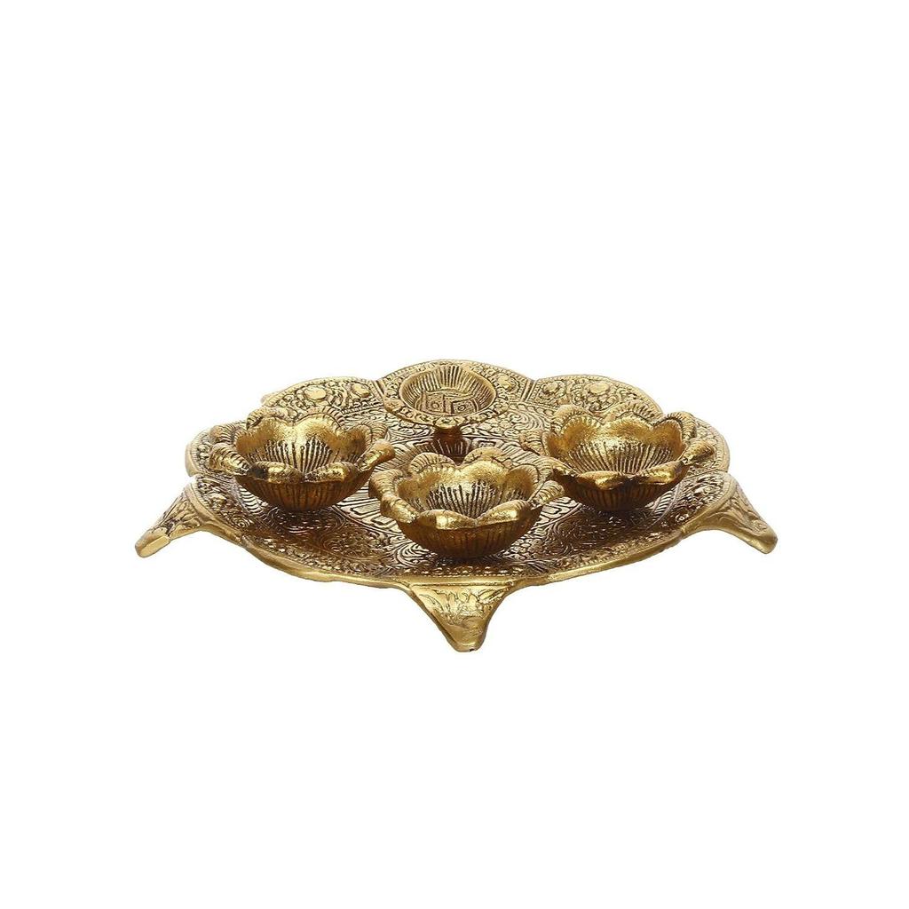CraftIndia Golden Metal Swastik Designer Pooja Thali With 3 Bowls And 1 Diya