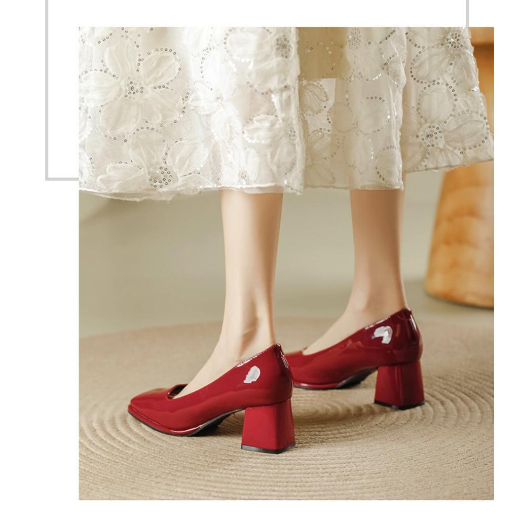 Patent Leather Thick High-heeled, New Women's Hundred with A Word with High-heeled Women's Single Shoes, Women's High-heeled Shoes, Elegant