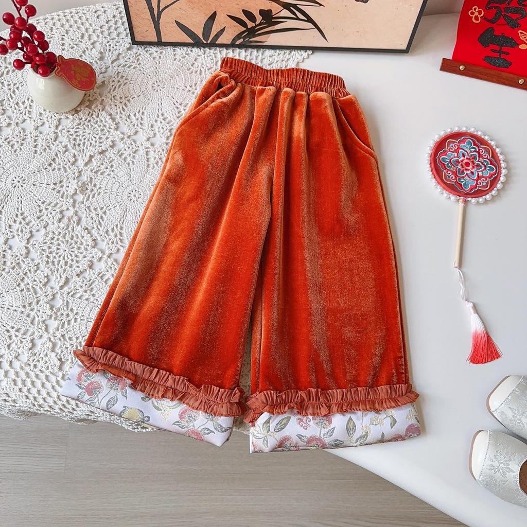 Girls’ Winter Chinese-Style Thickened Frog Button Outfit - Long Pants Two-Piece Set AWB122