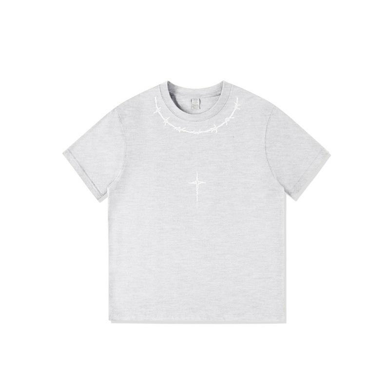 

Женская черная хлопковая футболка с коротким рукавом и прямым плечом - Нишевый трендовый дизайн 2025 M серый/белый