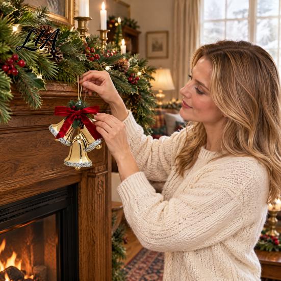Triple Bell Pendant for Holiday Decor Christmas Ornament with Red Bow & Holly Leaves, Glossy Tiered Scene Jingle Bells Hanging Tree Wreath Door, Party
