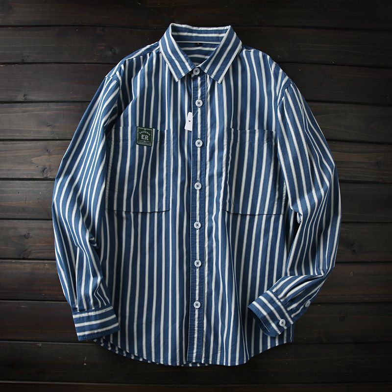Japanese Style Classic Cotton Export Tail Goods Men Spring and Autumn Pure Cotton Stripes Loose Long Sleeve Shirt Outwear Men