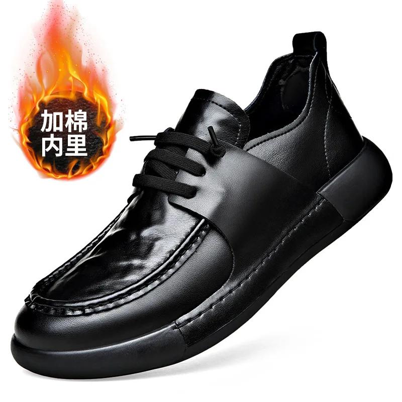 New Designer Men Genuine Leather Casual Shoes Flat Business Leisure Shoes Winter Plush Warm Boots