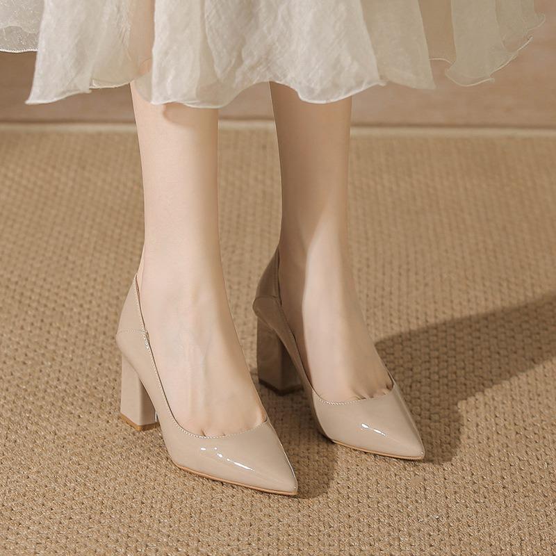 Nude High Heels Spring and Summer New Temperament Pointed Head Light Mouth Commuter Work Shoes Fashion Thick Heel Single Shoes Women