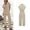Spring New Holiday Style Leisure V-neck Sleeveless Straight Long Linen Blend Jumpsuit 0387154