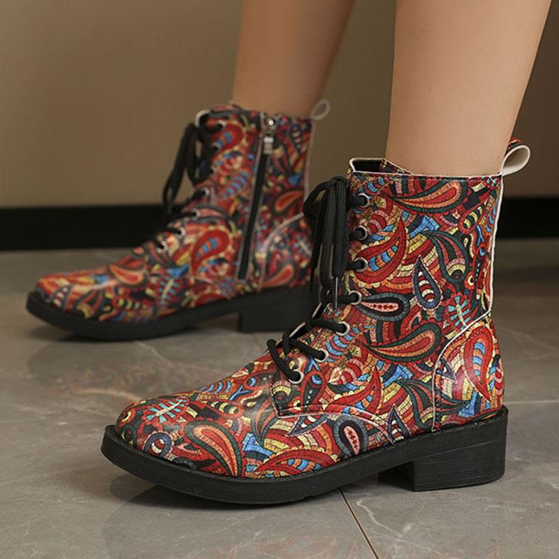 Mote 2024 Høst Fargerike Ankelstøvletter med Slangeskinnprint Dame Pu-skinn Snøring Korte Støvletter Moteshow Damestøvletter 35-42