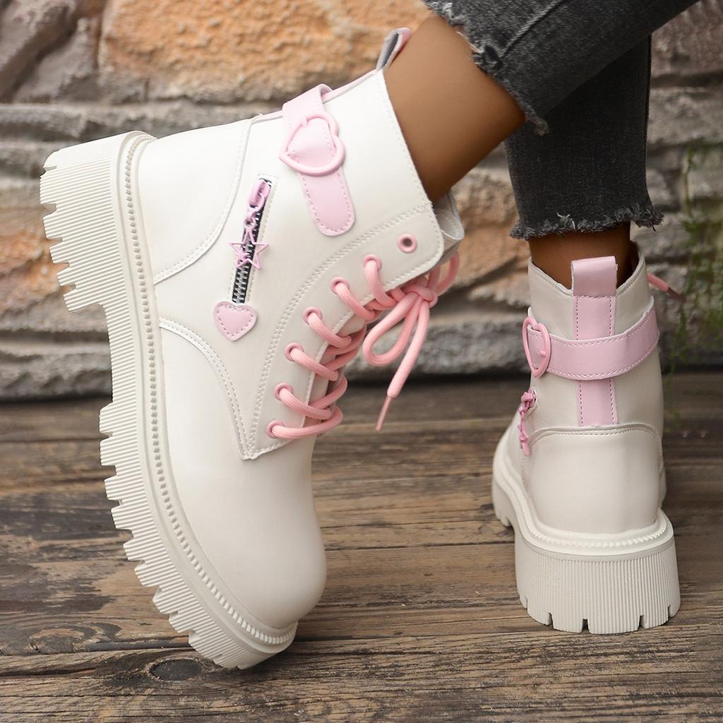 Women Boots Fashion Autumn Winter New Cotton Soft Sole Pink Boots Women Love Side Zip Round-Toe Goth Platform Shoes For Women
