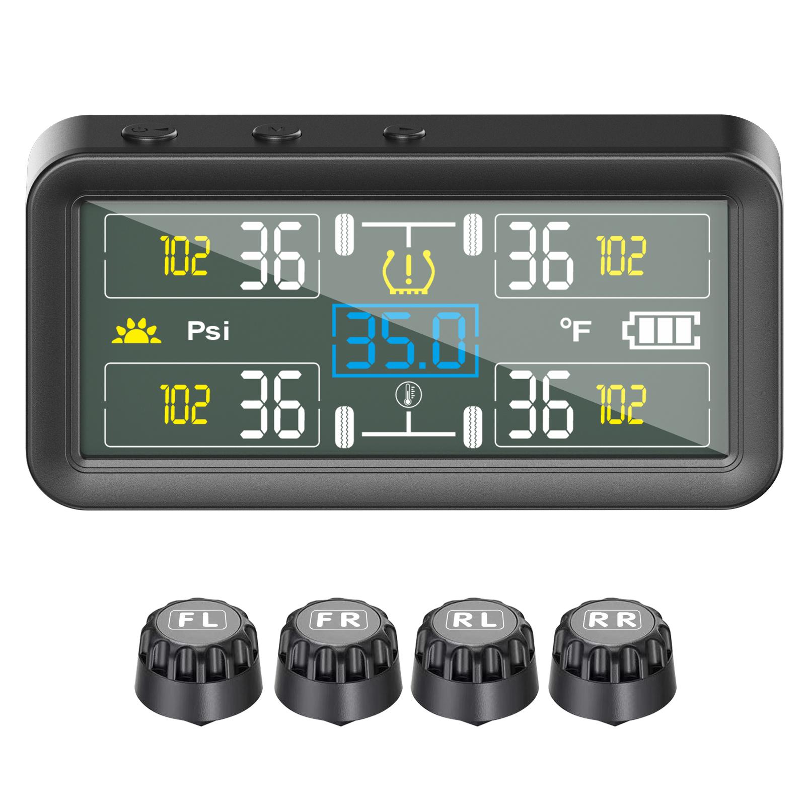 

Tire Pressure Monitor with 4 External Sensors, LCD Display, Solar and Type C Charging, Auto On Off, Temperature and Low