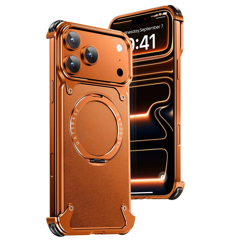 Luxury Genuine Leather Phone Case for iPhone 17 16 15 14 13 Pro Max Magsafe Magnetic Shockproof Bumper Cover With 360° Rotatable Ring Stand