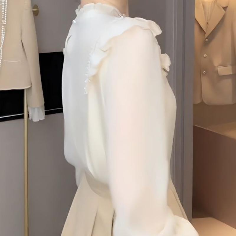 Wood Ear Edge Embroidered Top Spring New Fashion Temperament Loose Long Sleeve Solid Color Bottoming Shirt