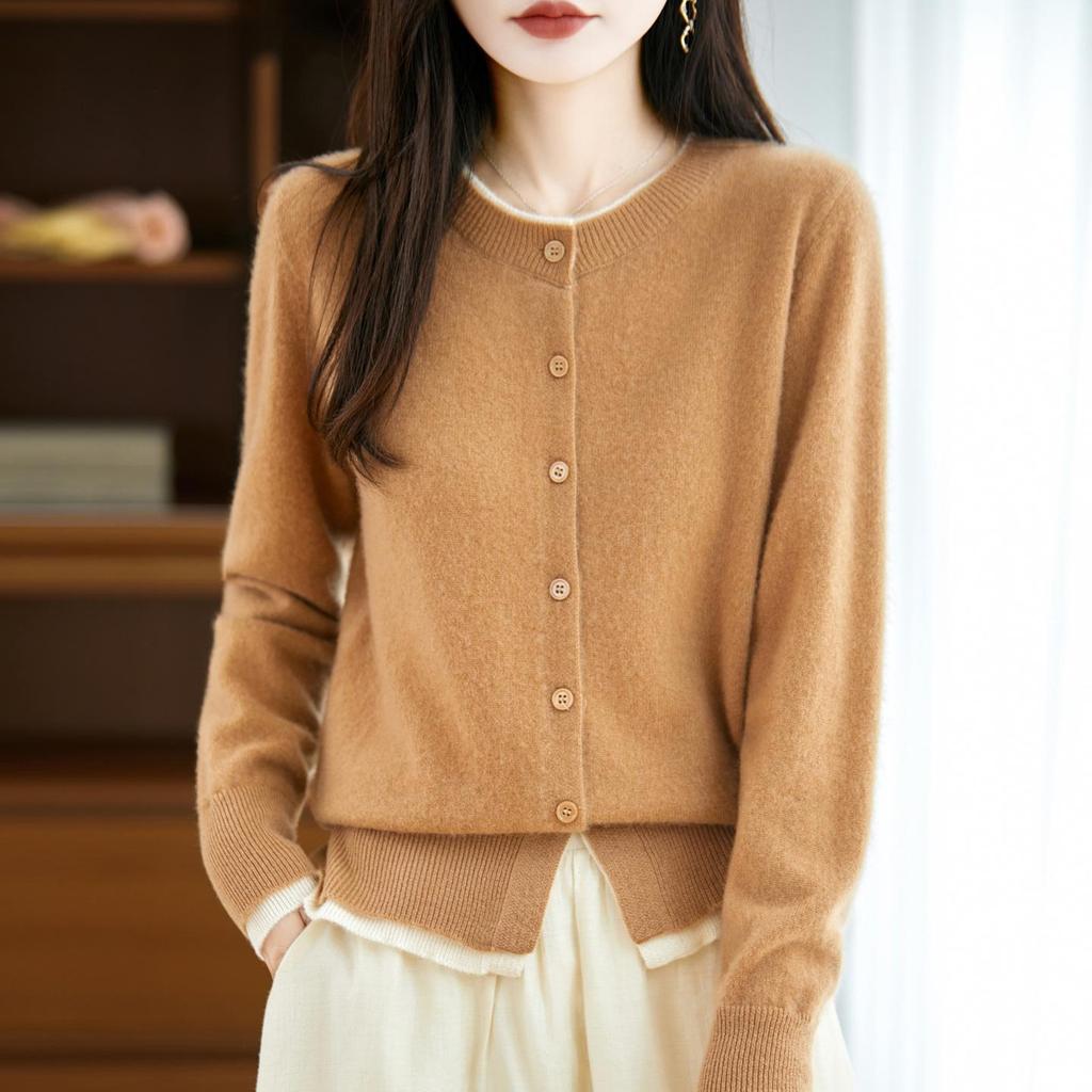 Women's Color Block Cashmere Wool Knit Cardigan Sweater - Loose Fit, Round Neck, Korean Style