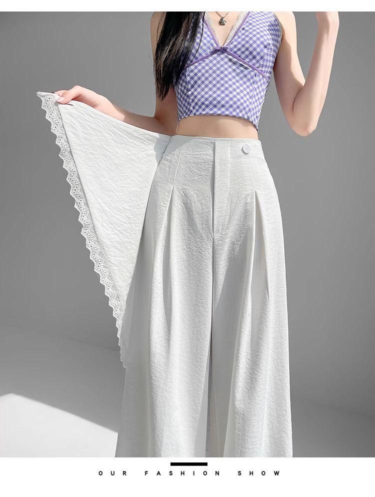Women's White Lace Two-Piece Wide-Leg Pants with Crotch Cover - High-Waisted, Slimming, Draping, Floor-Length for Summer