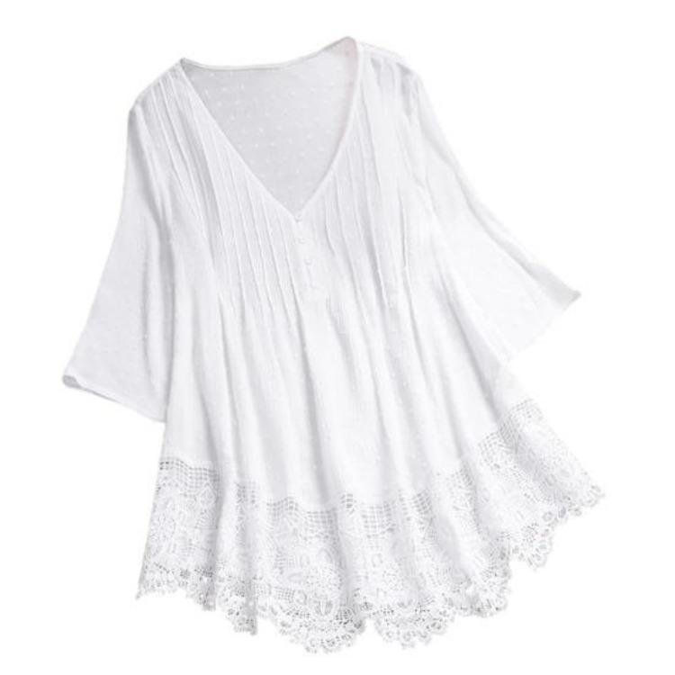 Floral Lace Hem Blouse Women Half Sleeve Hollow Out Stitching Buttons Decor