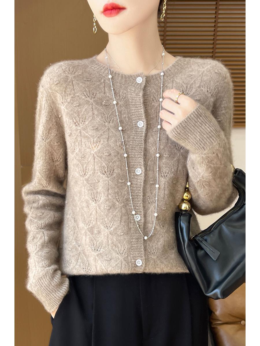 

Женский кардиган с круглым вырезом из 100% чистой шерсти – Легкий, ажурной вязки, свитер с длинным рукавом для весны и осени. XXL 125-150 Jin