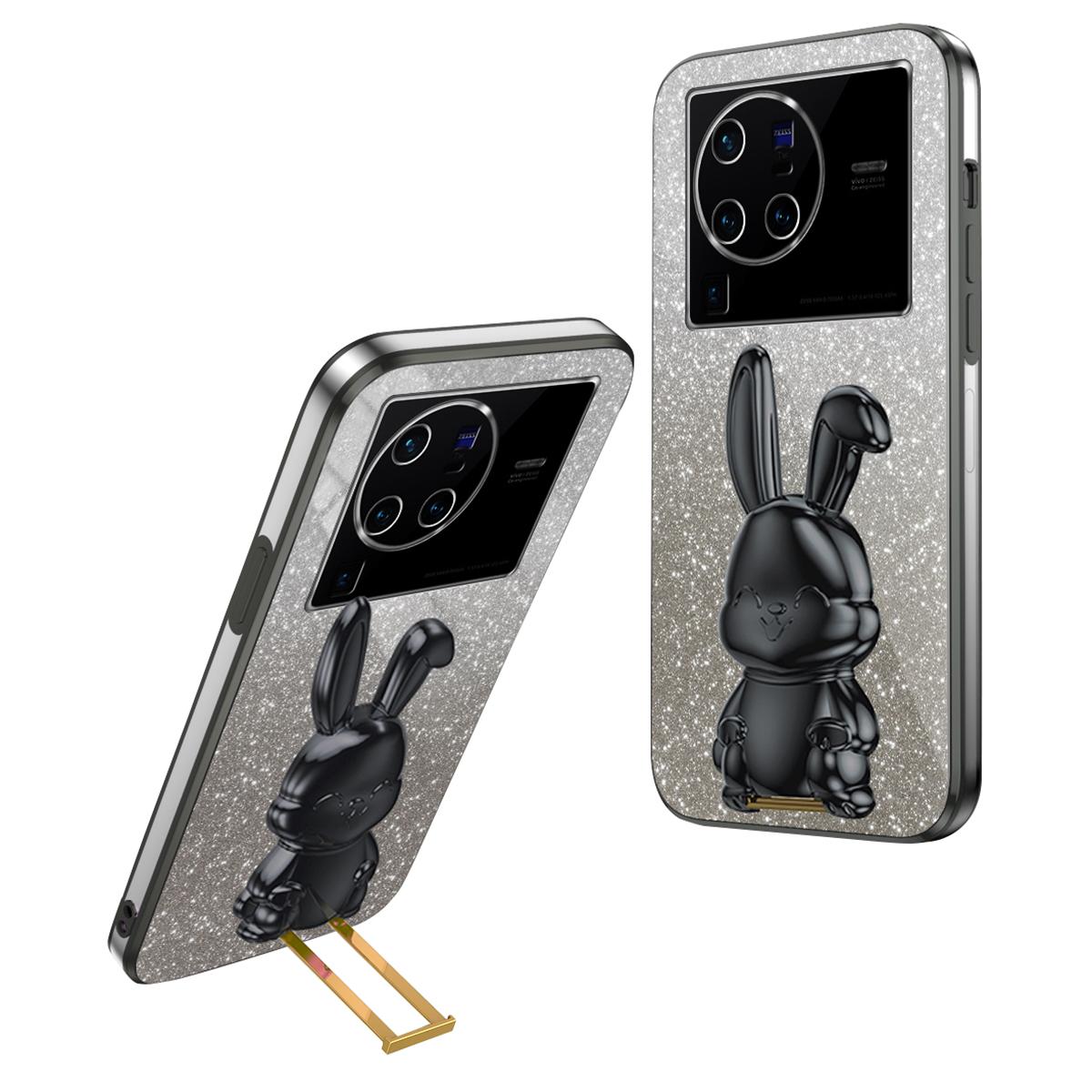 

For vivo X80 Pro 5G Cartoon Rabbit Kickstand Cover PC+TPU Cell Phone Cases Black