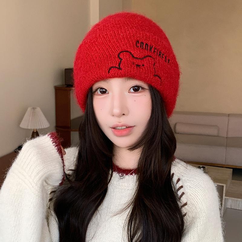 Winter Versatile Hat Female Cute Bear Knitted Hat Thickened Windproof Wool Hat Fashionable Warm Bald Hat