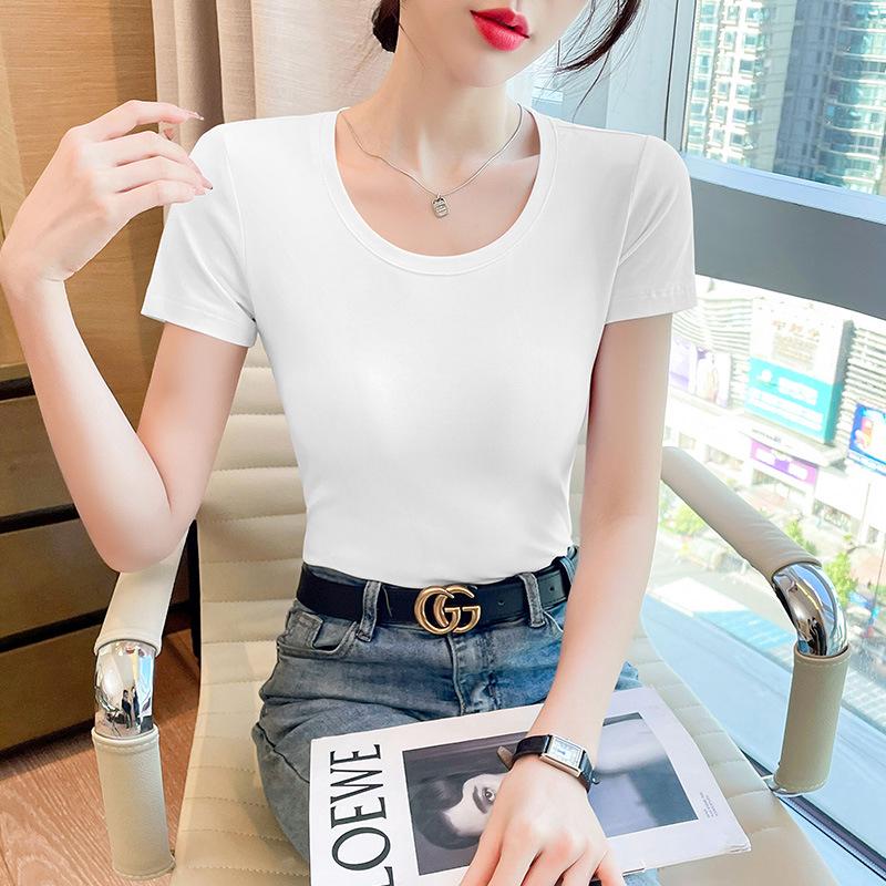 Dámské 2025 Slim Fit Bílé Tričko s Krátkým Rukávem a Kulatým Výstřihem z Čisté Bavlny
