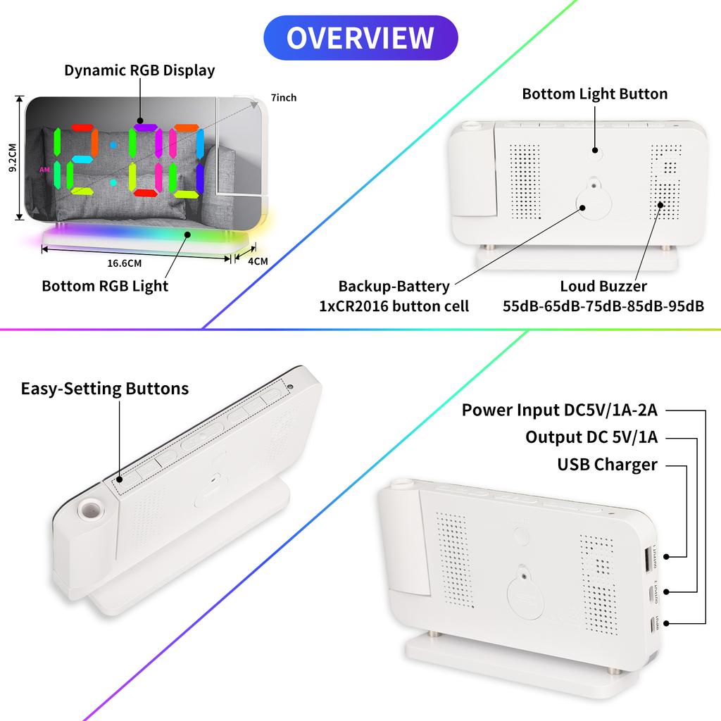 RGB Renkli LED Elektronik Saat Renkli Gece Lambası Çalar Saat Ev Dekorasyonu Projeksiyon Saati
