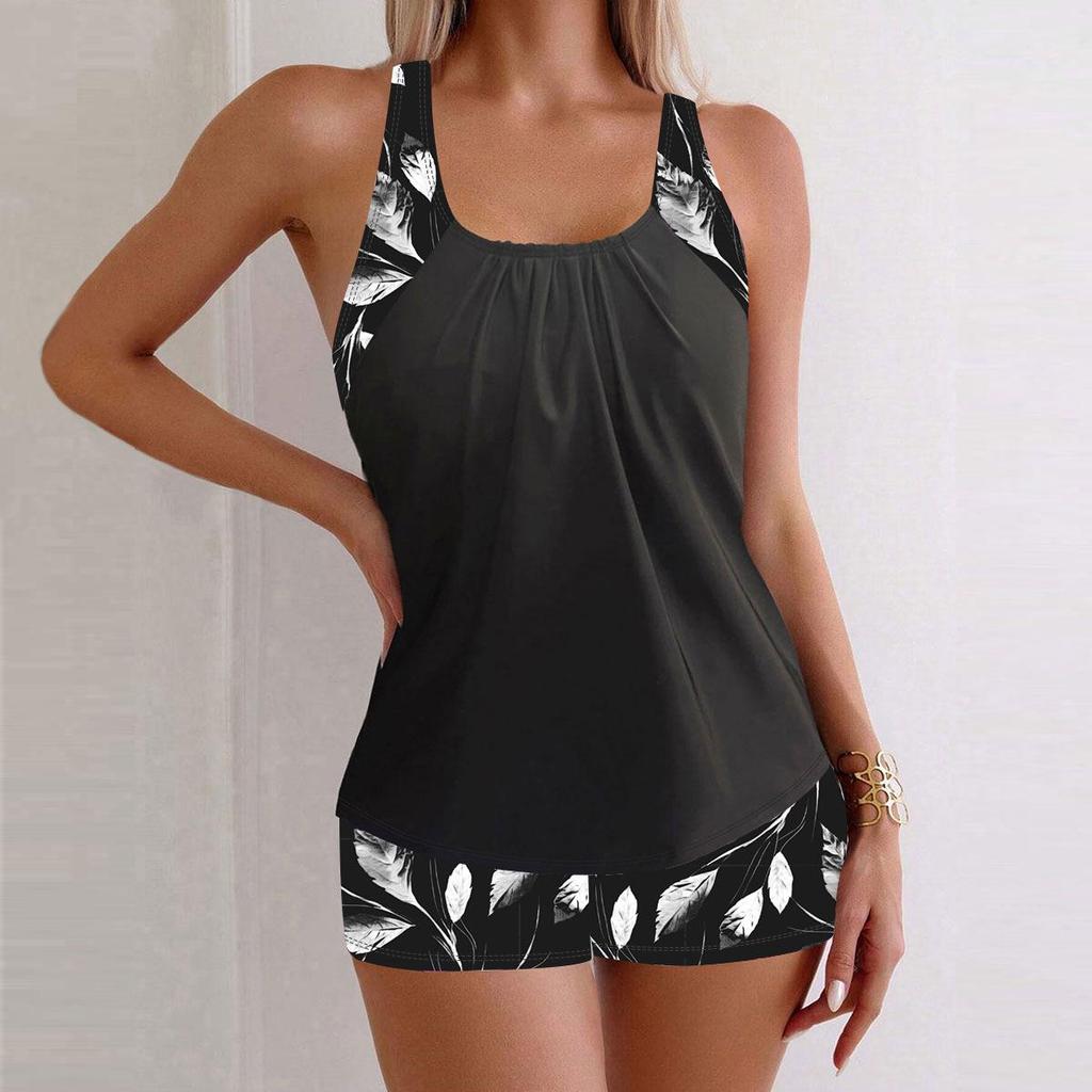 2024 Women's Slimming Split Swimsuit: European & American Style, Sleeveless, Printed, Flat-Leg Shorts, Tankini.