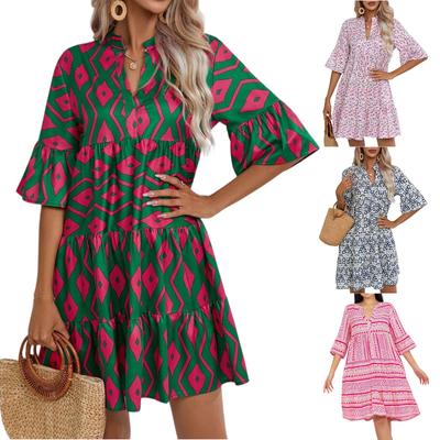 Women's Dresses Loose V-Neck Casual Literary Vintage Half Sleeve Short Dresses