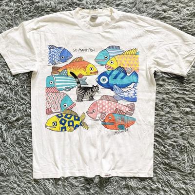 Retro B Kliban Cat So Many Fish Graphic Tee Unisex Cotton T-Shirt