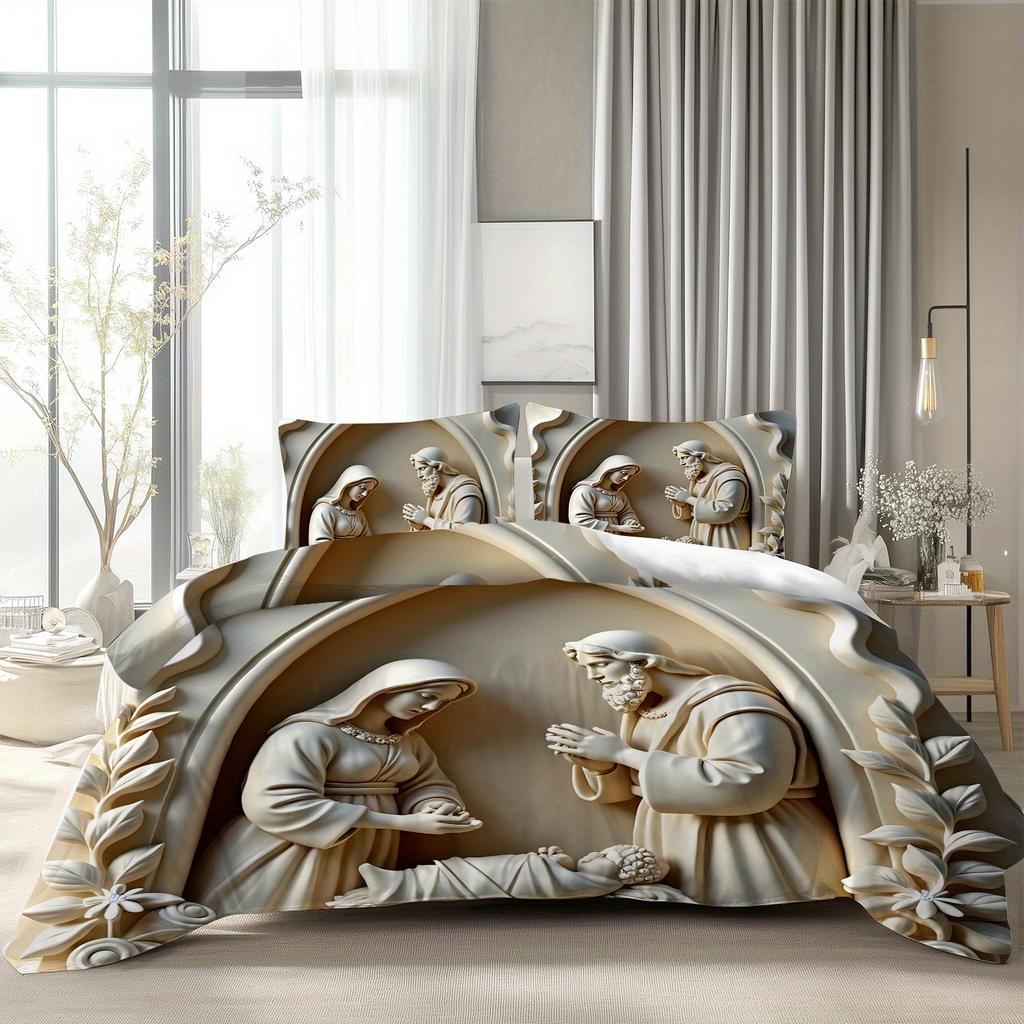 Latacaca 3pcs Nativity Scene Duvet Cover Set, Holy Family Marble Relief Artwork Design, Classic Christian Iconic Style,