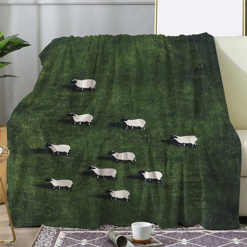 Sheep Themed Flannel Blanket With Idyllic Grass Field Design Suitable For Home Relaxation Offering Soft Warmth And Quality